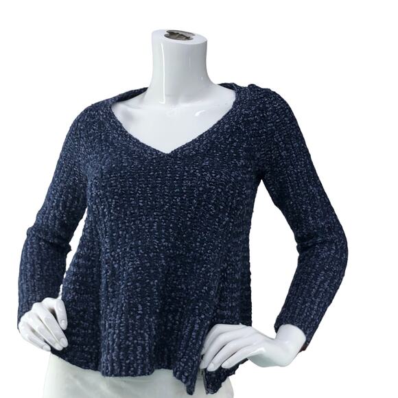 Anthropologie Moth Womens Sz XSP Petite Chunky Knit Sweater Blue Zip Hem V Neck - Picture 1 of 15